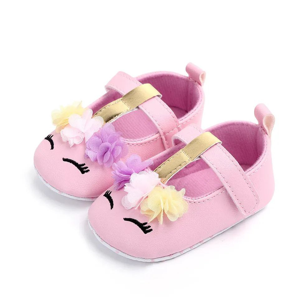 Unicorn PU Leather Baby Girls Flower Soft Sole Shoes Pink