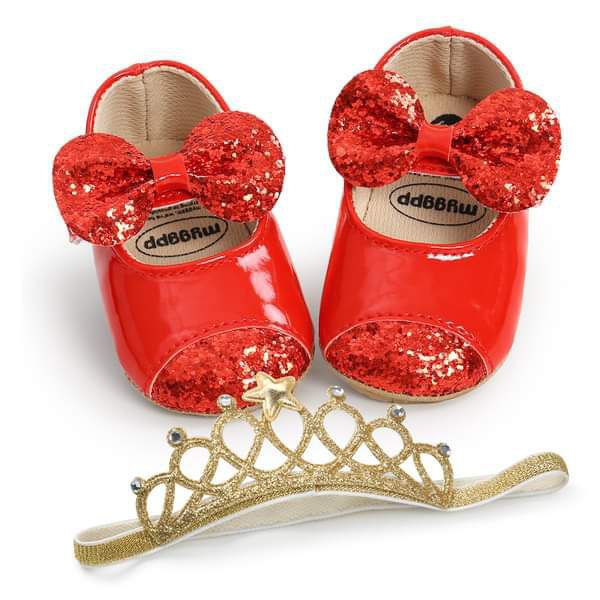 Princess Crown Shoes- Red , Sequins Bowknot Walking Shoes Footwear Prewalker for Infant Girls