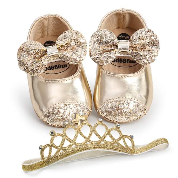 Princess Crown Shoes-Golden , Sequins Bowknot Walking Shoes Footwear Prewalker for Infant Girls