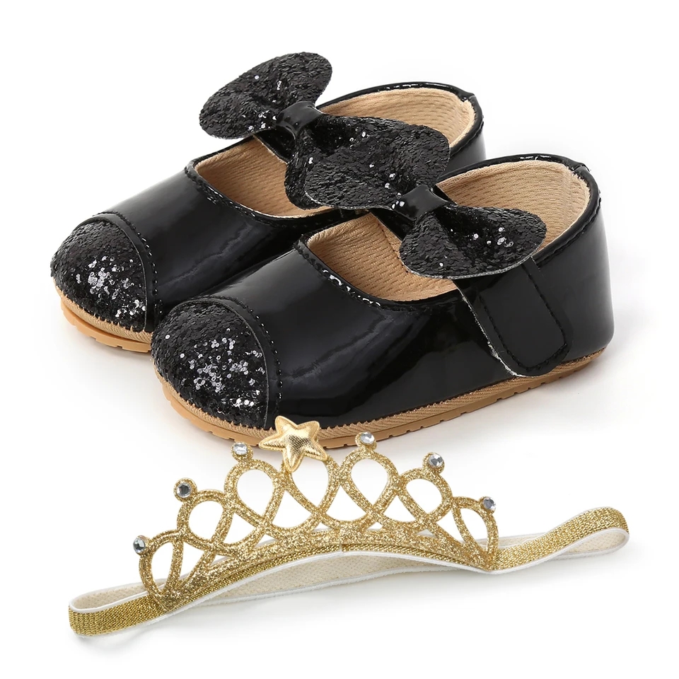 Princess Crown Shoes- Black , Sequins Bowknot Walking Shoes Footwear Prewalker for Infant Girls